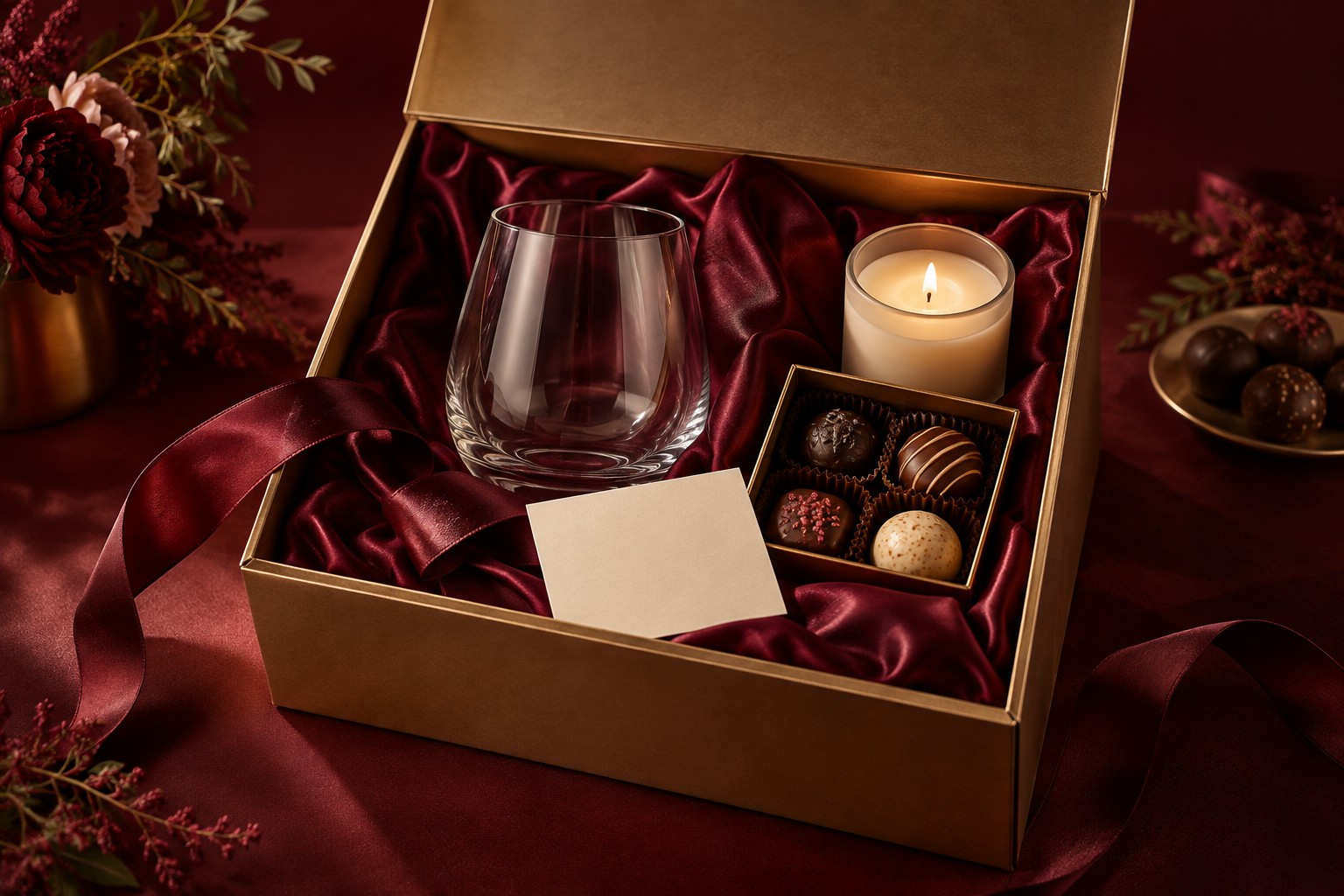 Gold keepsake gift box with burgundy satin, a glass, candle and chocolates